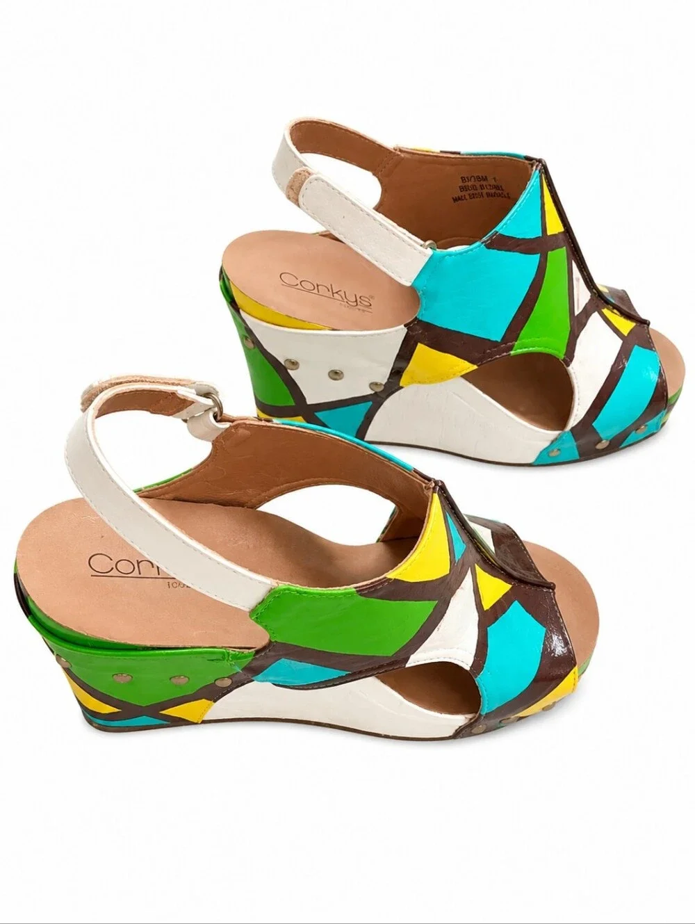 Corkys Leather Colorblock Wedge Sandals Geometric Platform Handpainted OOAK NWOT